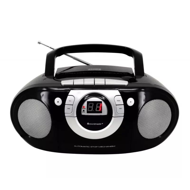 Pārnēsājama stereo sistēma Soundmaster SCD5100SW — analogais FM uztvērējs 87,5–108 MHz, CD/MP3 atskaņotājs, 1 W RMS, LED displejs, melna