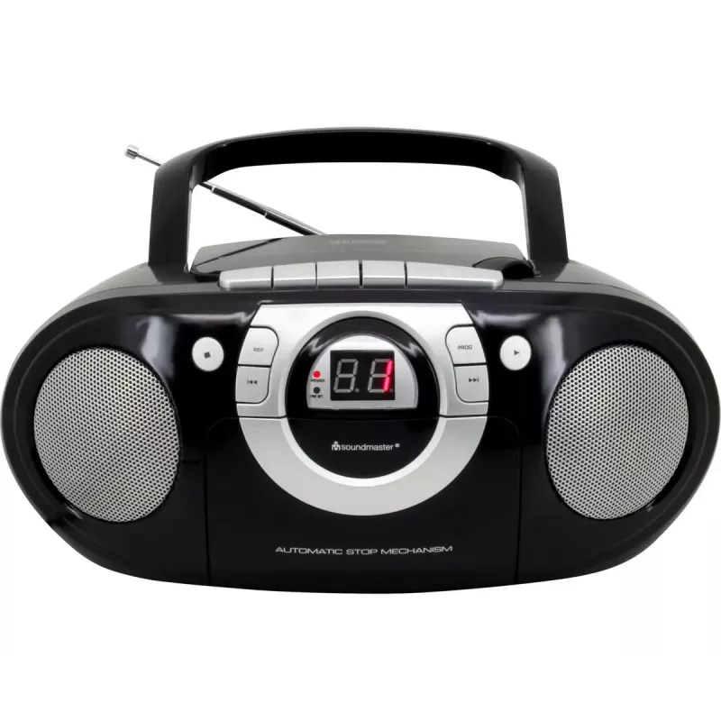 Pārnēsājama stereo sistēma Soundmaster SCD5100SW — analogais FM uztvērējs 87,5–108 MHz, CD/MP3 atskaņotājs, 1 W RMS, LED displejs, melna