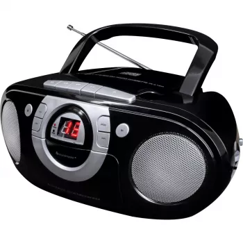 Pārnēsājama stereo sistēma Soundmaster SCD5100SW — analogais FM uztvērējs 87,5–108 MHz, CD/MP3 atskaņotājs, 1 W RMS, LED displejs, melna