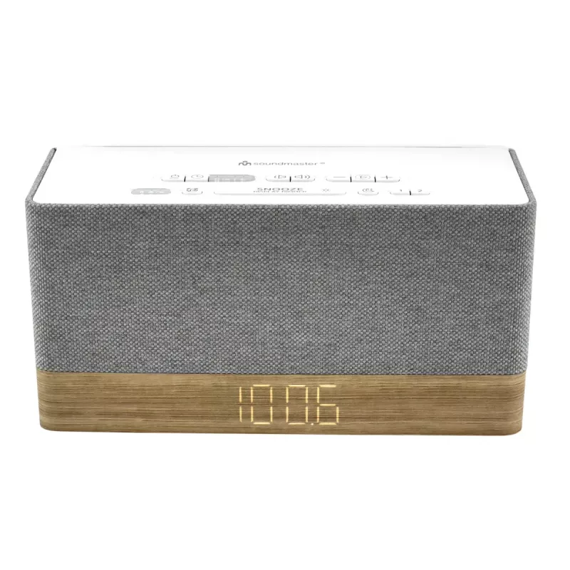 Pulksteņradio Soundmaster UR630WE — FM/PLL/UKW, 6 W RMS, pelēks/balts, maiņstrāvas un AAA bateriju darbināms