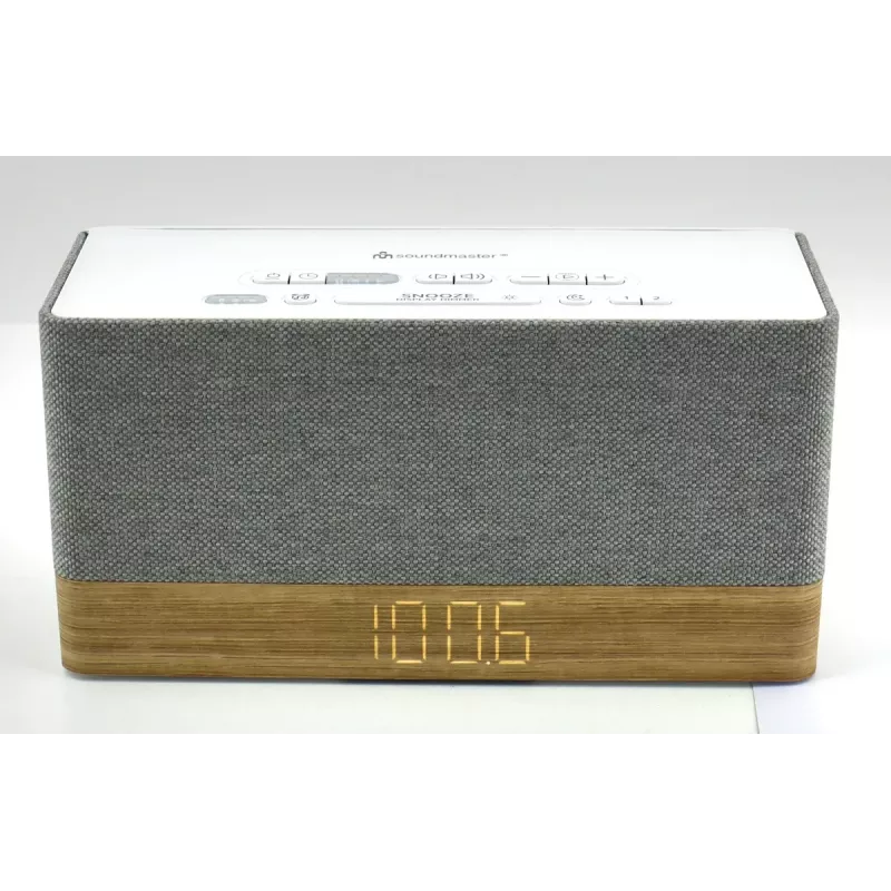 Pulksteņradio Soundmaster UR630WE — FM/PLL/UKW, 6 W RMS, pelēks/balts, maiņstrāvas un AAA bateriju darbināms