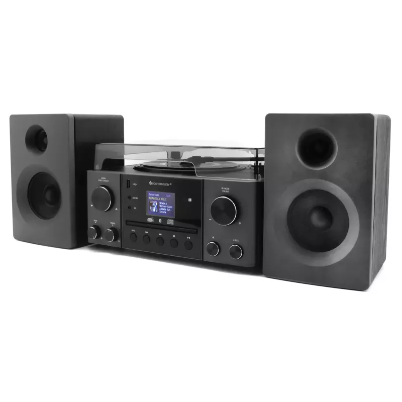 Mājas audio sistēma Soundmaster MCD1950SW — 20 W RMS, DAB+/FM, CD/MP3 atskaņošana, 3,5 mm aux, maiņstrāvas barošana (melna)