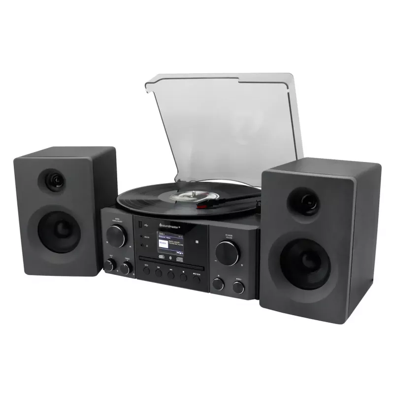 Mājas audio sistēma Soundmaster MCD1950SW — 20 W RMS, DAB+/FM, CD/MP3 atskaņošana, 3,5 mm aux, maiņstrāvas barošana (melna)