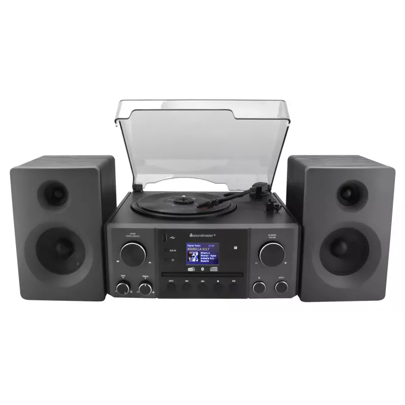 Mājas audio sistēma Soundmaster MCD1950SW — 20 W RMS, DAB+/FM, CD/MP3 atskaņošana, 3,5 mm aux, maiņstrāvas barošana (melna)