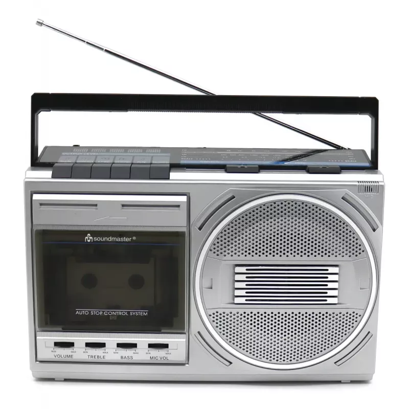 Pārnēsājams kasešu atskaņotājs Soundmaster RR20SI — FM/MW/SW radio, 3 W RMS, 3,5 mm austiņas, melns/sudraba