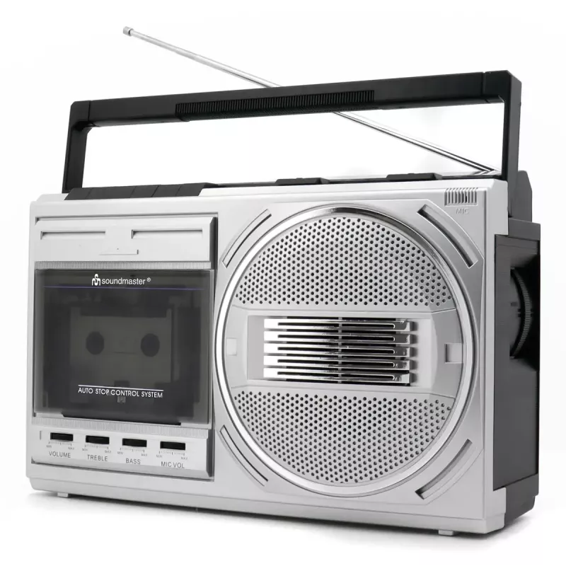 Pārnēsājams kasešu atskaņotājs Soundmaster RR20SI — FM/MW/SW radio, 3 W RMS, 3,5 mm austiņas, melns/sudraba