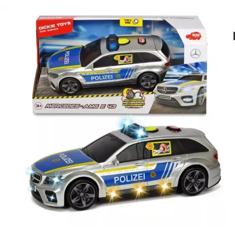 Car Dickie Toys Mercedes Benz E43 AMG Police Melns Blue Silver dzeltena
