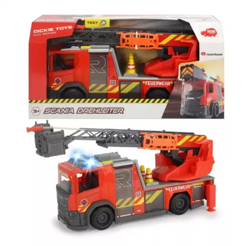 Ugunsdzēsēju mašīna Dickie Toys Scania grozāmo kāpņu automašīna melna pelēka sarkana