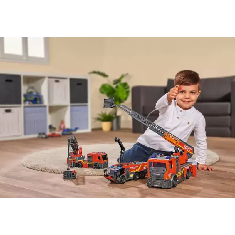 Ugunsdzēsēju mašīna Dickie Toys Scania grozāmo kāpņu automašīna melna pelēka sarkana