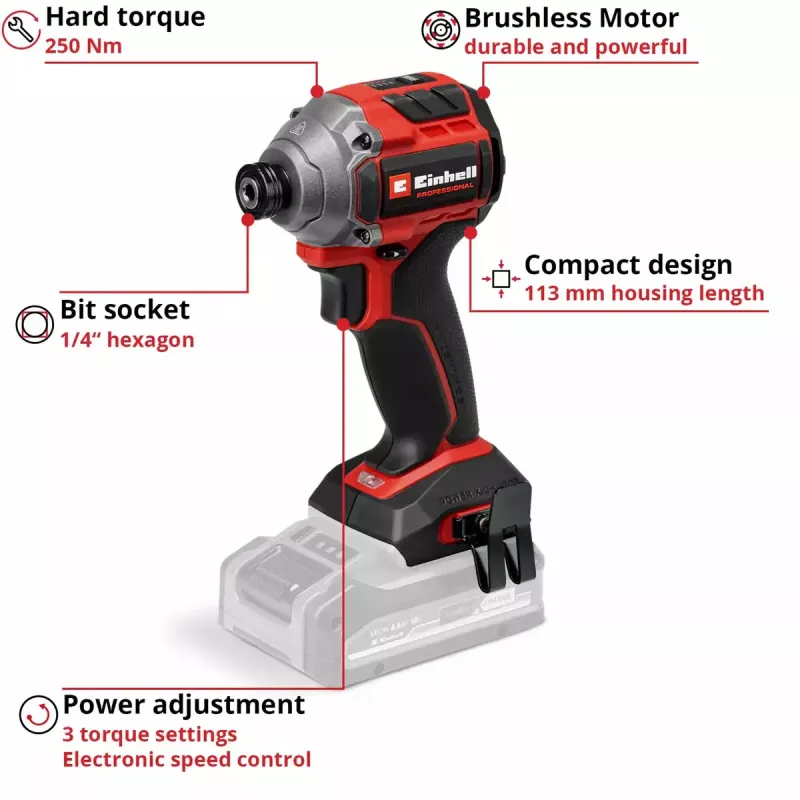 Bezvadu triecienatslēga EINHELL TP-CI 18/250-C Li BL, 18 V, bezsuku – tikai instruments (nav akumulatora/lādētāja)