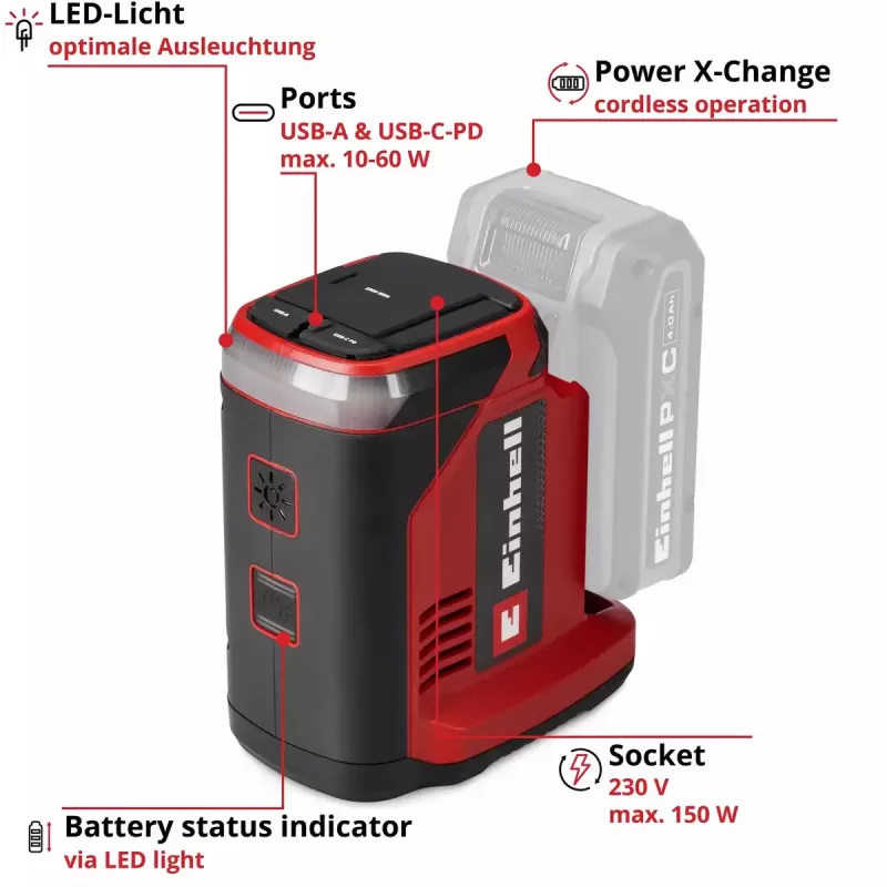 Akumulatoru enerģijas stacija EINHELL TC-ES 18/150/1 Li‑Solo – pārnēsājams barošanas avots, darbināms ar baterijām, modelis 1091320