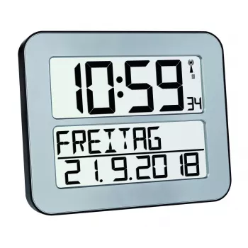 Digitālais modinātājpulkstenis TFA 60.4512.54 — taisnstūrveida, sudrabots, AA baterija, plastmasas korpuss, 30×212×258 mm
