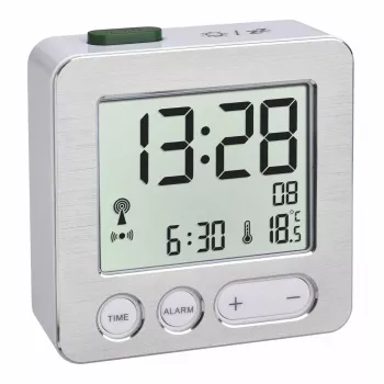 Digitālais modinātājs TFA 60.2545.54 — taisnstūra sudraba LCD, zila fona apgaismojums, baterija (AAA)