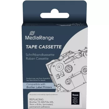 MediaRange plastmasas lentes kasete Brother TZ-325 pastāvīga līme 9 mm 8 m balts uz melna