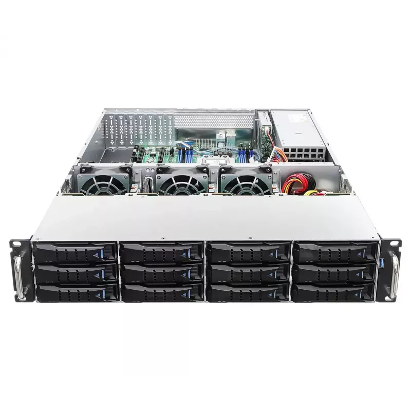 Servera bāzes sistēma ASRock 2U12L2S-SIENA (2U) — AMD SoC, Socket SP6, 12×3,5 collu + 2×2,5 collu nodalījumi, 800 W barošanas bloks, DDR5 līdz 96 GB