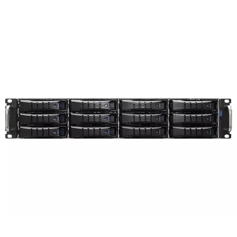 Servera bāzes sistēma ASRock 2U12L2S-SIENA (2U) — AMD SoC, Socket SP6, 12×3,5 collu + 2×2,5 collu nodalījumi, 800 W barošanas bloks, DDR5 līdz 96 GB