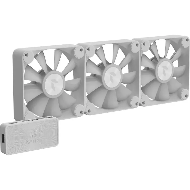 APNX 120 mm korpusa ventilatori 3 gab. komplektā — APNX FP1-120 balts, trīs 120 mm dzesēšanas ventilatori