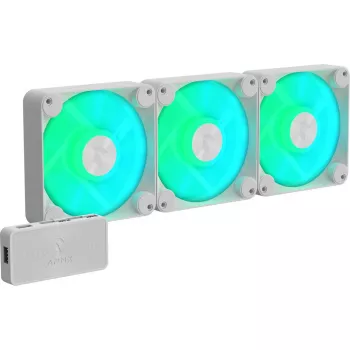 APNX 120 mm korpusa ventilatori 3 gab. komplektā — APNX FP1-120 balts, trīs 120 mm dzesēšanas ventilatori