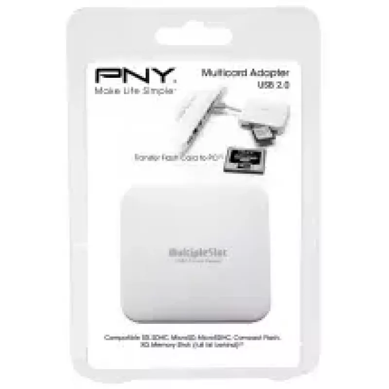 Karšu lasītājs PNY All in One Reader — USB 2.0, 480 Mbit/s, atbalsta CF/SD/MicroSD/MS/MiniSD/MMC, balts, 54×54×13 mm, 29 g