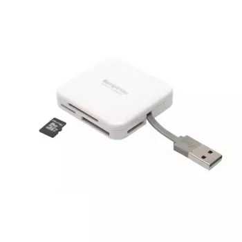 Karšu lasītājs PNY All in One Reader — USB 2.0, 480 Mbit/s, atbalsta CF/SD/MicroSD/MS/MiniSD/MMC, balts, 54×54×13 mm, 29 g