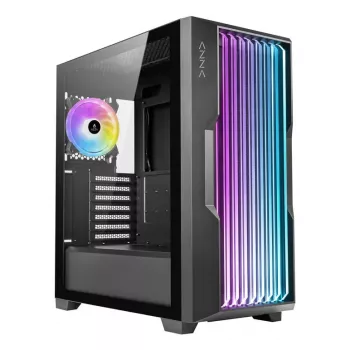 AZZA Guardian Glass Midi Tower datora korpuss — melns, ATX/Micro‑ATX/ITX/EATX, atbalsta 3,5 collas ×2 / 2,5 collas ×4, priekšējos 120/140 mm ventilatorus