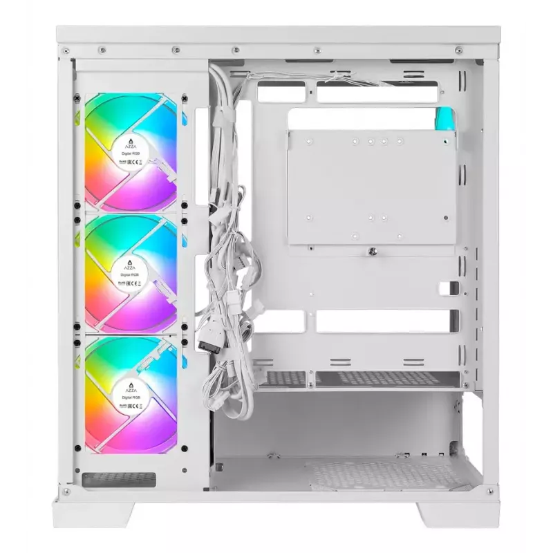PC Midi Tower AZZA Cove (CSAZ-570W) — Melns, ATX/Micro-ITX/ITX, 3x120 mm sānu ventilatori, 1x120 mm aizmugurējais ventilators, atbalsta 2,5 collu un 3,5 collu diskus