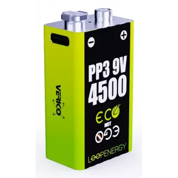 Uzlādējams 9 V bateriju komplekts VERICO LoopEnergy PP3 4500 — litija jonu, 2 gab., 500 mAh, USB‑C uzlāde