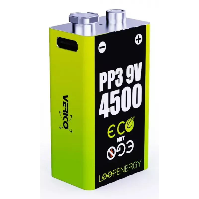 Uzlādējams 9 V bateriju komplekts VERICO LoopEnergy PP3 4500 — litija jonu, 2 gab., 500 mAh, USB‑C uzlāde