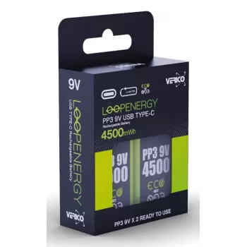 Uzlādējams 9 V bateriju komplekts VERICO LoopEnergy PP3 4500 — litija jonu, 2 gab., 500 mAh, USB‑C uzlāde