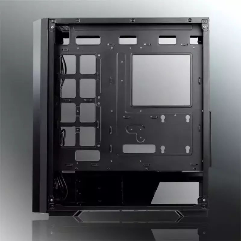 PC Midi Tower korpuss RAIJINTEK Ponos MS — melns, atbalsta 120/140 mm priekšējos ventilatorus, 1× 120 mm aizmugurējo, HDD 3,5 collu, SSD 2,5 collu, 210×442×485 mm