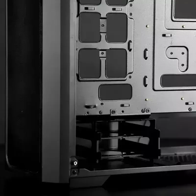 PC Midi Tower korpuss RAIJINTEK Ponos MS — melns, atbalsta 120/140 mm priekšējos ventilatorus, 1× 120 mm aizmugurējo, HDD 3,5 collu, SSD 2,5 collu, 210×442×485 mm