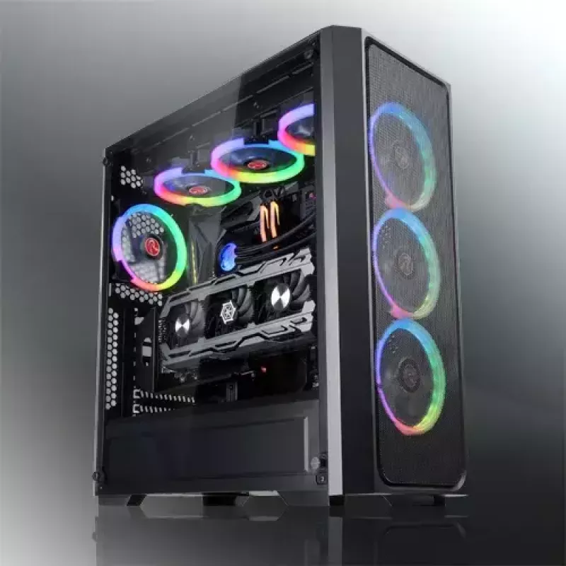PC Midi Tower korpuss RAIJINTEK Ponos MS — melns, atbalsta 120/140 mm priekšējos ventilatorus, 1× 120 mm aizmugurējo, HDD 3,5 collu, SSD 2,5 collu, 210×442×485 mm