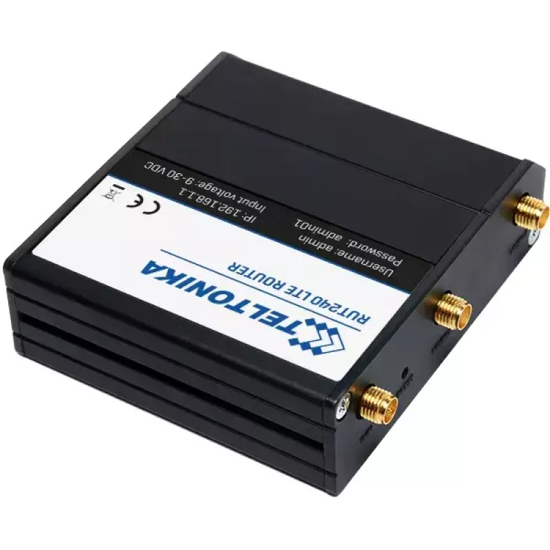 Šūnu tīkla maršrutētājs Teltonika RUT240 — 4G LTE, 3 ārējās antenas, 2 Fast Ethernet porti, Wi‑Fi 4 (802.11n) 150 Mbps