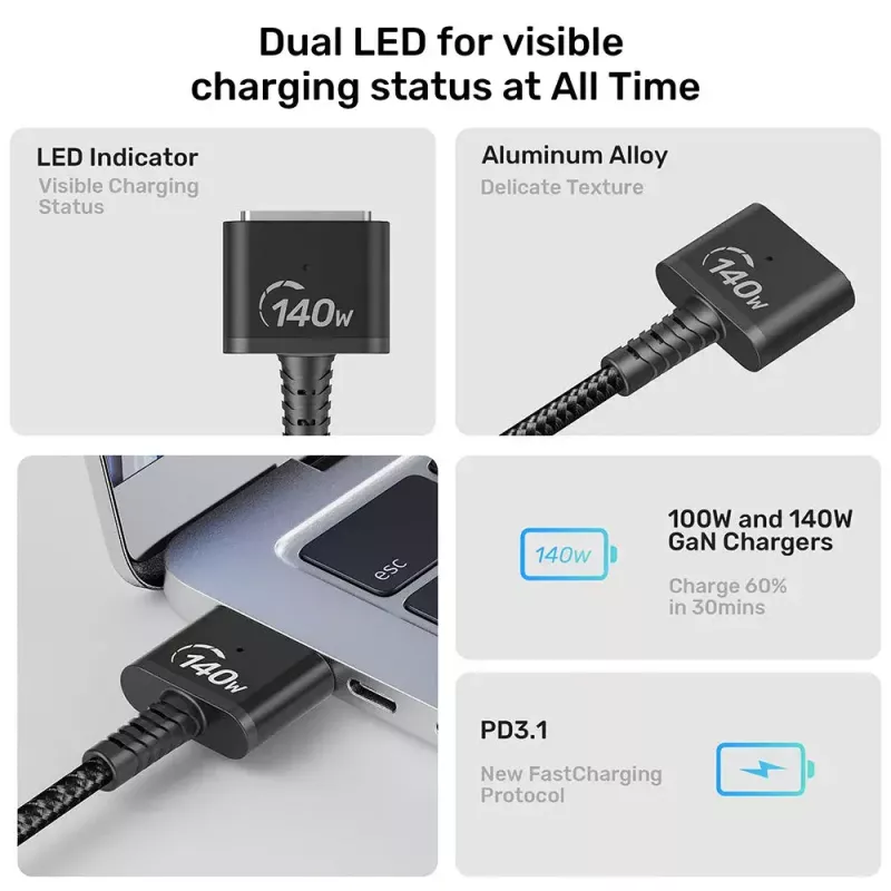 Strāvas kabelis UNITEK C14121BK-1M melns MagSafe 3 USB C 1m 28V 5A