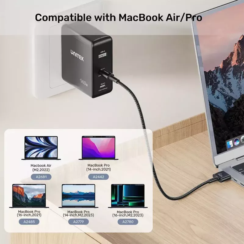 Strāvas kabelis UNITEK C14121BK-1M melns MagSafe 3 USB C 1m 28V 5A