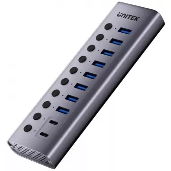 USB centrmezgls Unitek H1315B01-EU — 10 pieslēgvietu 5 Gbps ar individuāliem pieslēgvietu slēdžiem