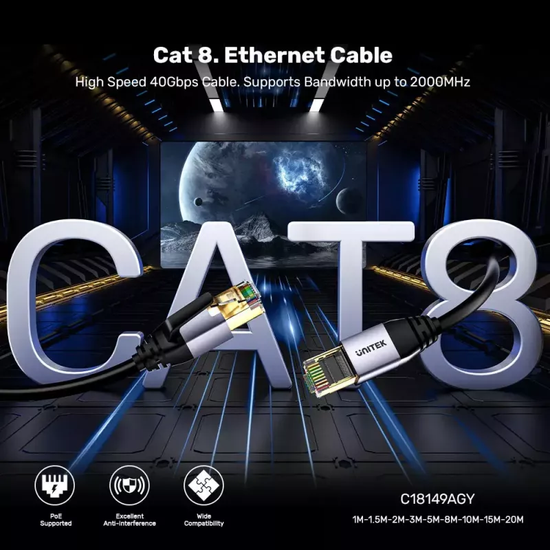 Tīkla kabelis UNITEK C18149AGY03-5M RJ-45 Cat8 5m Melns