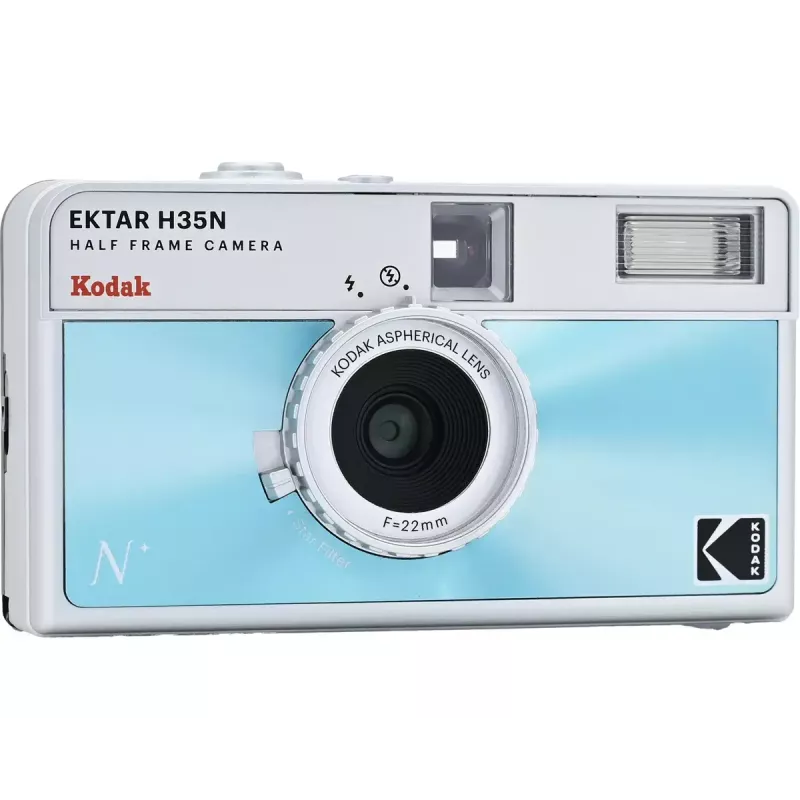 35mm filmu kamera Kodak EKTAR H35N Glazed Blue — Point-and-Shoot, fiksēts objektīvs