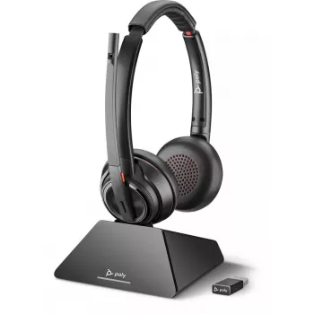 Headset & Charging Cradle POLY W8220 — Bezvadu Bluetooth, supraaurāls, galvas stīpa, 180 m diapazons, 160 g, melns