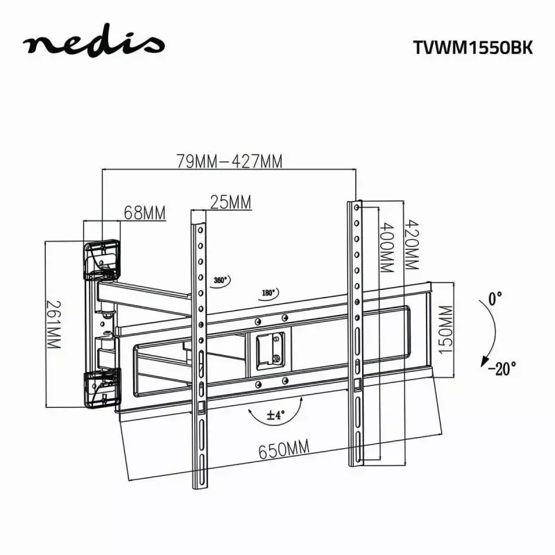 TV statīvs Nedis TVWM1550BK ekrāniem 94–177,8 cm (37 inch–70 inch), max VESA 600x400, max slodze 25 kg, melns
