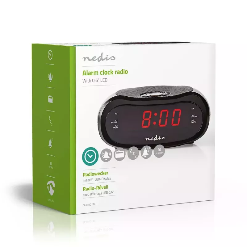 Digitālais modinātājpulkstenis Nedis CLAR001BK — LED displejs, ovāls, 130×60×100 mm, 220–240 V, FM/AM, melns