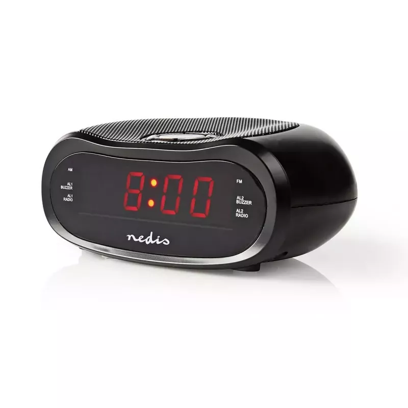 Digitālais modinātājpulkstenis Nedis CLAR001BK — LED displejs, ovāls, 130×60×100 mm, 220–240 V, FM/AM, melns