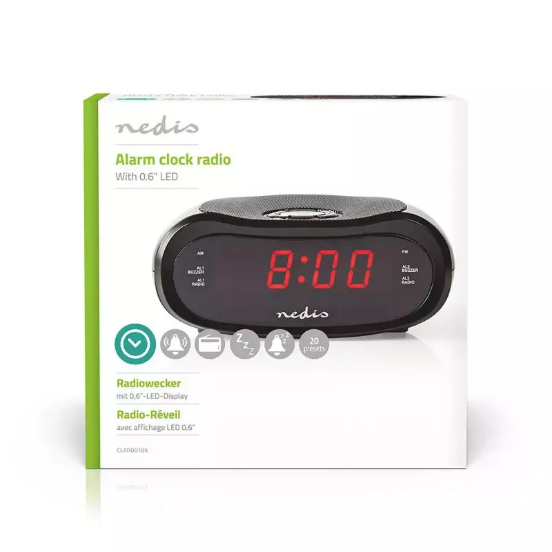 Digitālais modinātājpulkstenis Nedis CLAR001BK — LED displejs, ovāls, 130×60×100 mm, 220–240 V, FM/AM, melns
