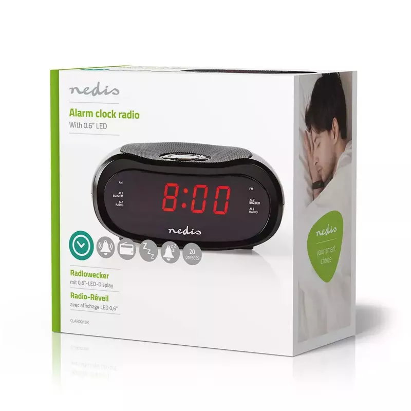 Digitālais modinātājpulkstenis Nedis CLAR001BK — LED displejs, ovāls, 130×60×100 mm, 220–240 V, FM/AM, melns