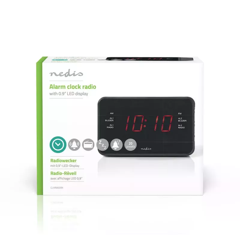 Digitālais modinātājpulkstenis Nedis CLAR002BK — LED displejs, maiņstrāva 220–240 V, 130 × 80 × 70 mm, melns