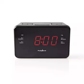 Digitālais modinātājpulkstenis Nedis CLAR002BK — LED displejs, maiņstrāva 220–240 V, 130 × 80 × 70 mm, melns