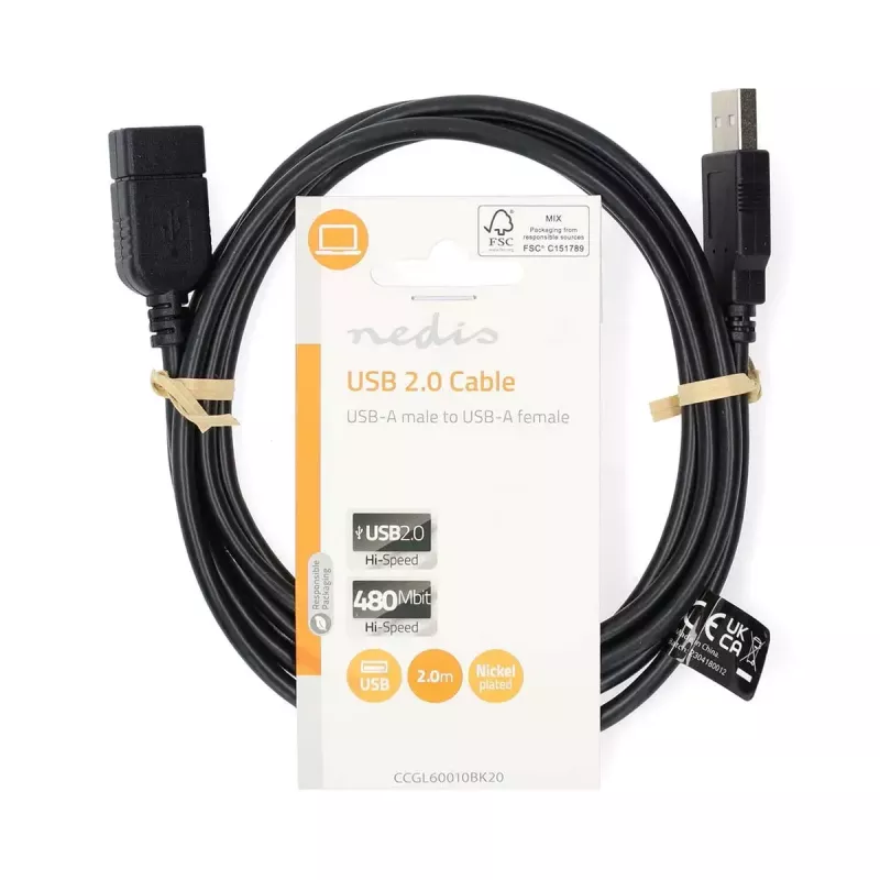 Nedis CCGL60010BK20 USB 2.0 pagarinājuma kabelis, A spraudnis uz A ligzdu, 2 m, melns