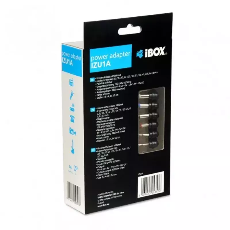 Barošanas adapteris IBOX IZU1A iekštelpām 100–240 V melns, 75×35×43 mm