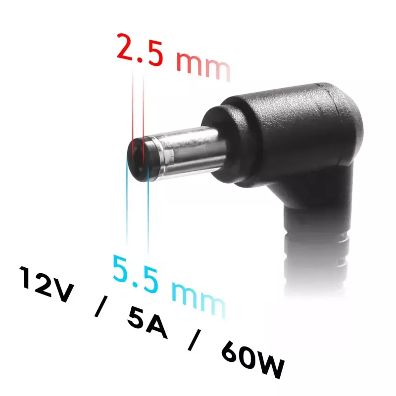 Klēpjdatora lādētājs Akyga AK-ND-85, iekštelpu maiņstrāvas adapteris, ieeja 100–250 V, izeja 12 V 5 A, 1,2 m kabelis, melns