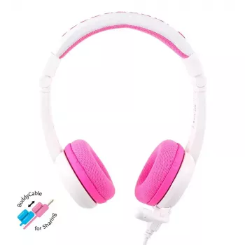 BuddyPhones School+ vadu austiņas ar galvas saiti, paredzētas zvaniem un mūzikai, 20–20000 Hz, 1,4 m kabelis, rozā/balts